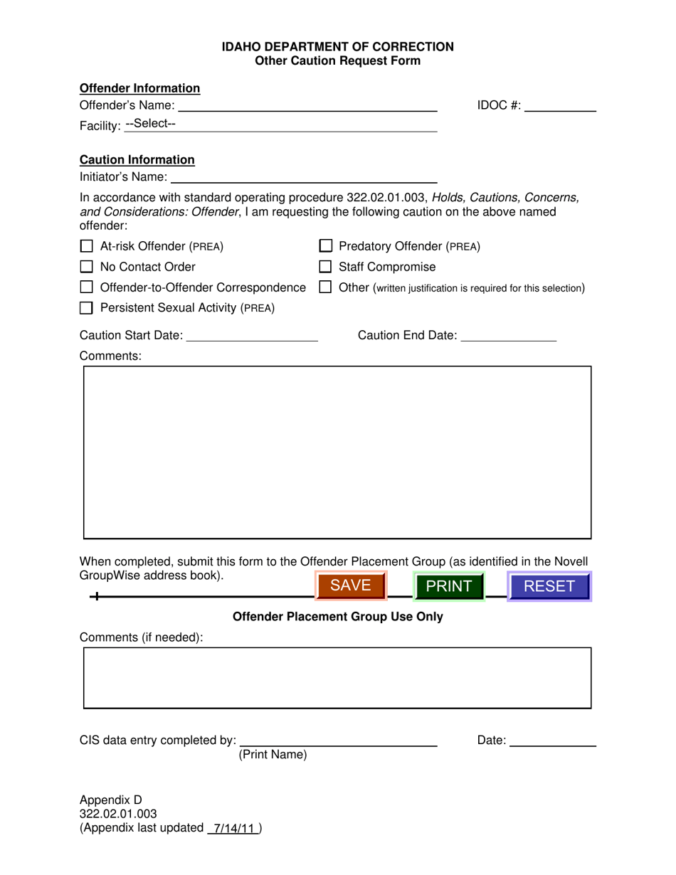 Appendix D Other Caution Request Form - Idaho, Page 1