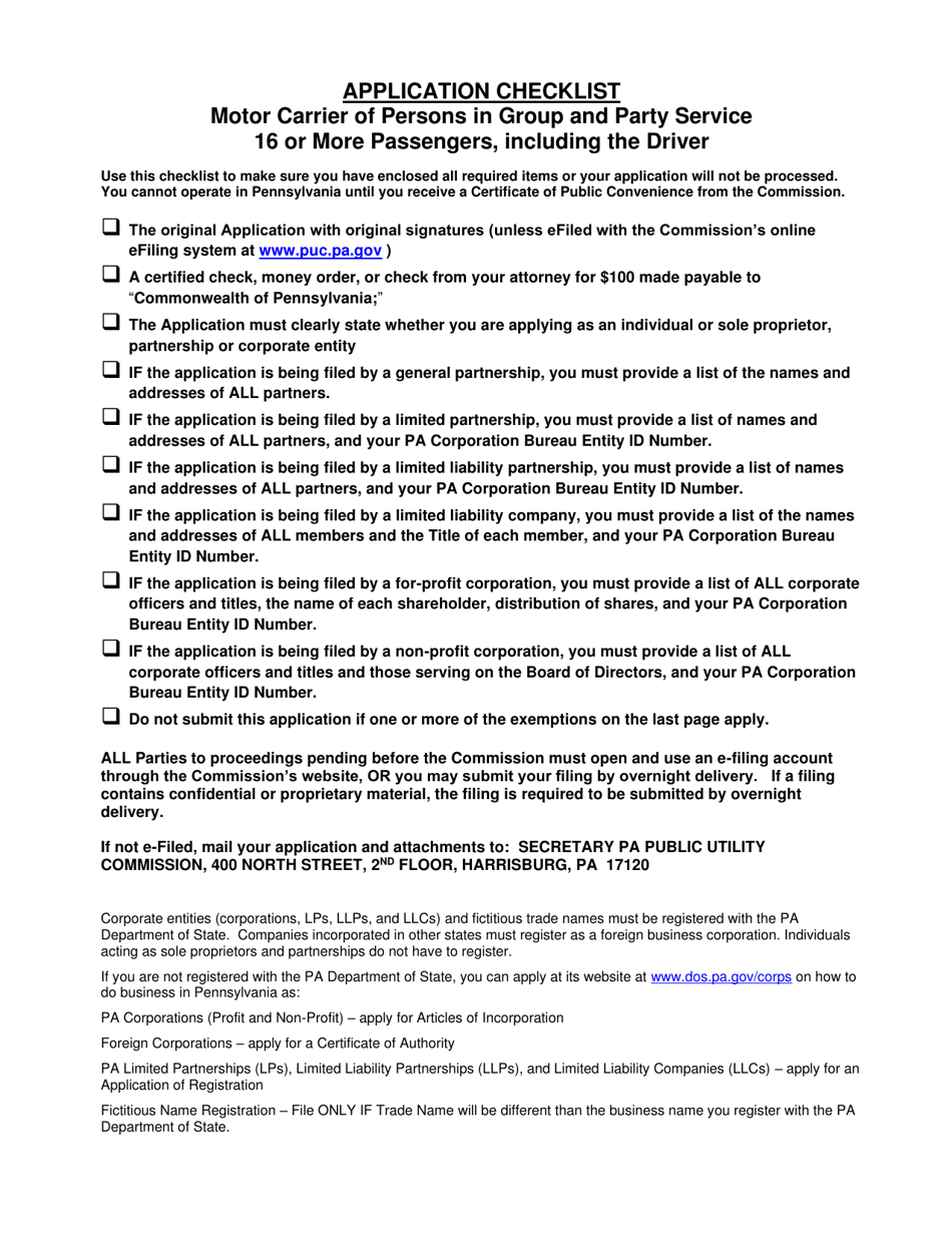 Application for Motor Common Carrier of Persons in Group and Party Service of 16 or More Passengers, Including the Driver - Pennsylvania, Page 1