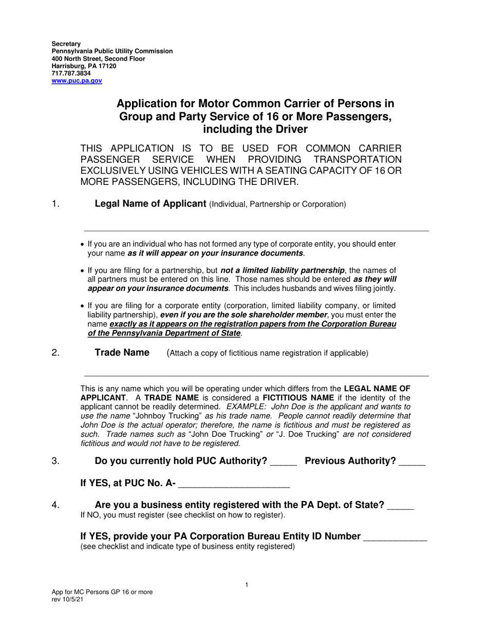 Application for Motor Common Carrier of Persons in Group and Party Service of 16 or More Passengers, Including the Driver - Pennsylvania, Page 3