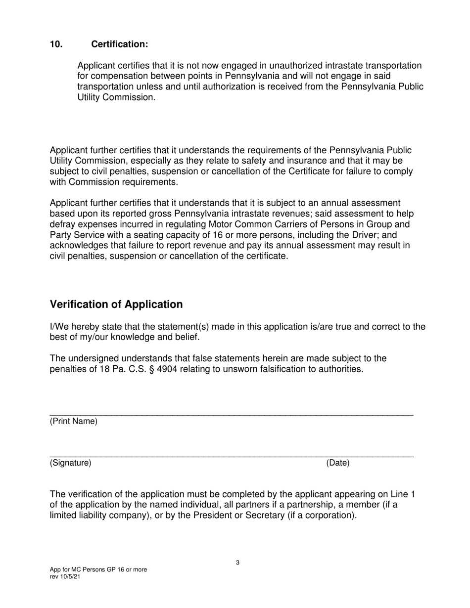 Application for Motor Common Carrier of Persons in Group and Party Service of 16 or More Passengers, Including the Driver - Pennsylvania, Page 5