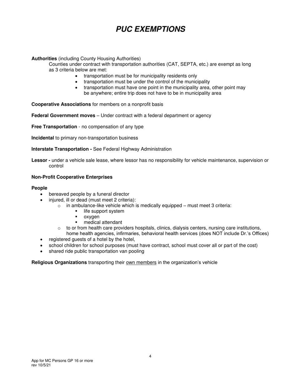 Application for Motor Common Carrier of Persons in Group and Party Service of 16 or More Passengers, Including the Driver - Pennsylvania, Page 6