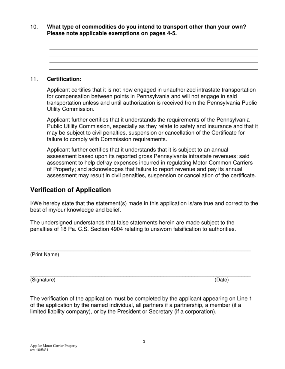 Application for Motor Common Carrier of Property - Pennsylvania, Page 5