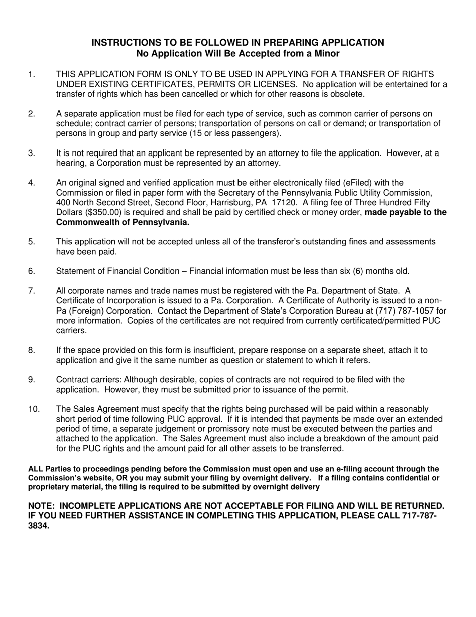 Application for Approval of Transfer and Exercise of Common Carrier or Contract Rights - Pennsylvania, Page 1