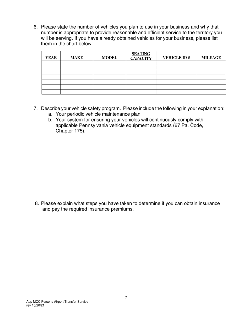 Application for Motor Common Carrier of Persons in Airport Transfer Service - Pennsylvania, Page 9