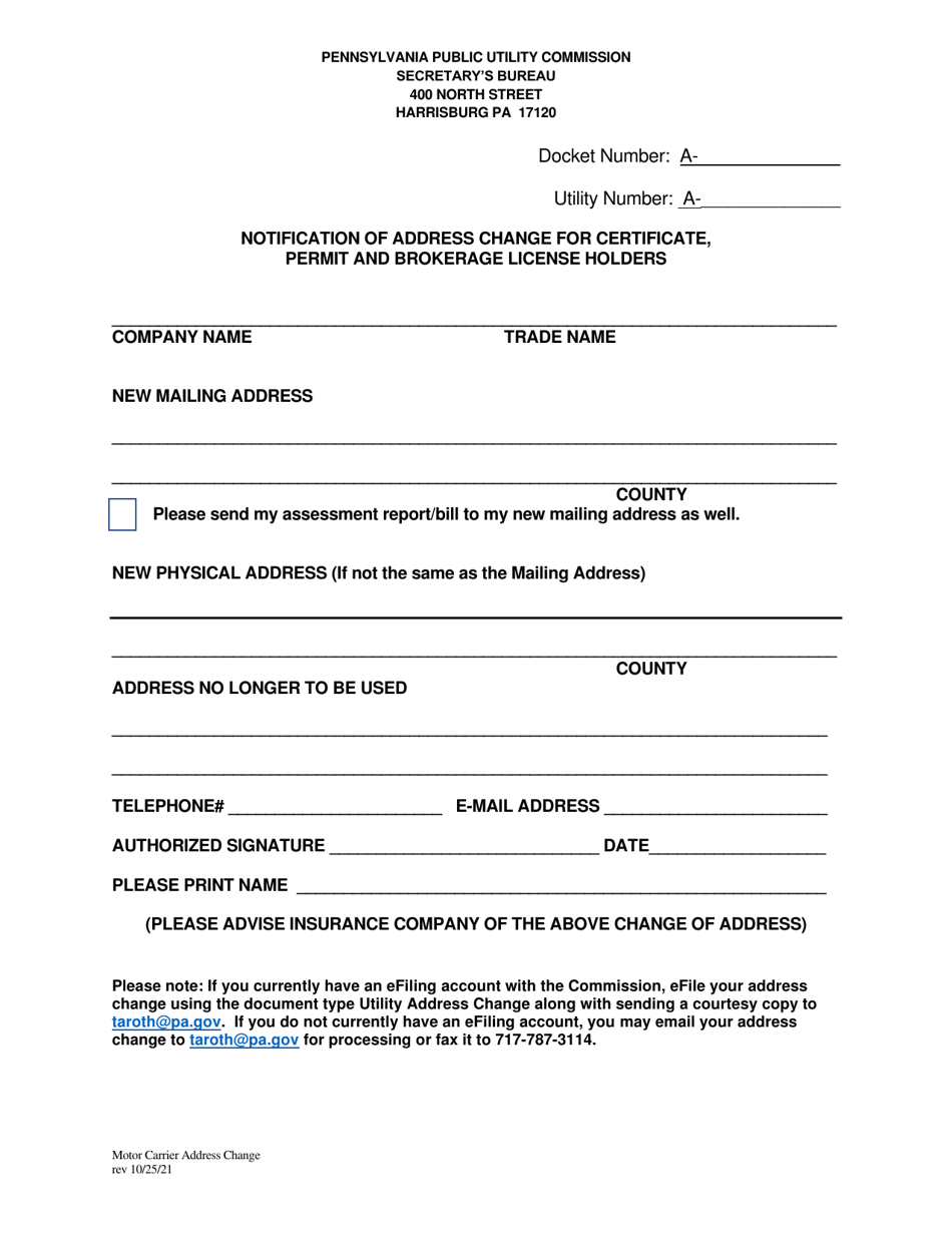 Pennsylvania Notification of Address Change for Certificate, Permit and
