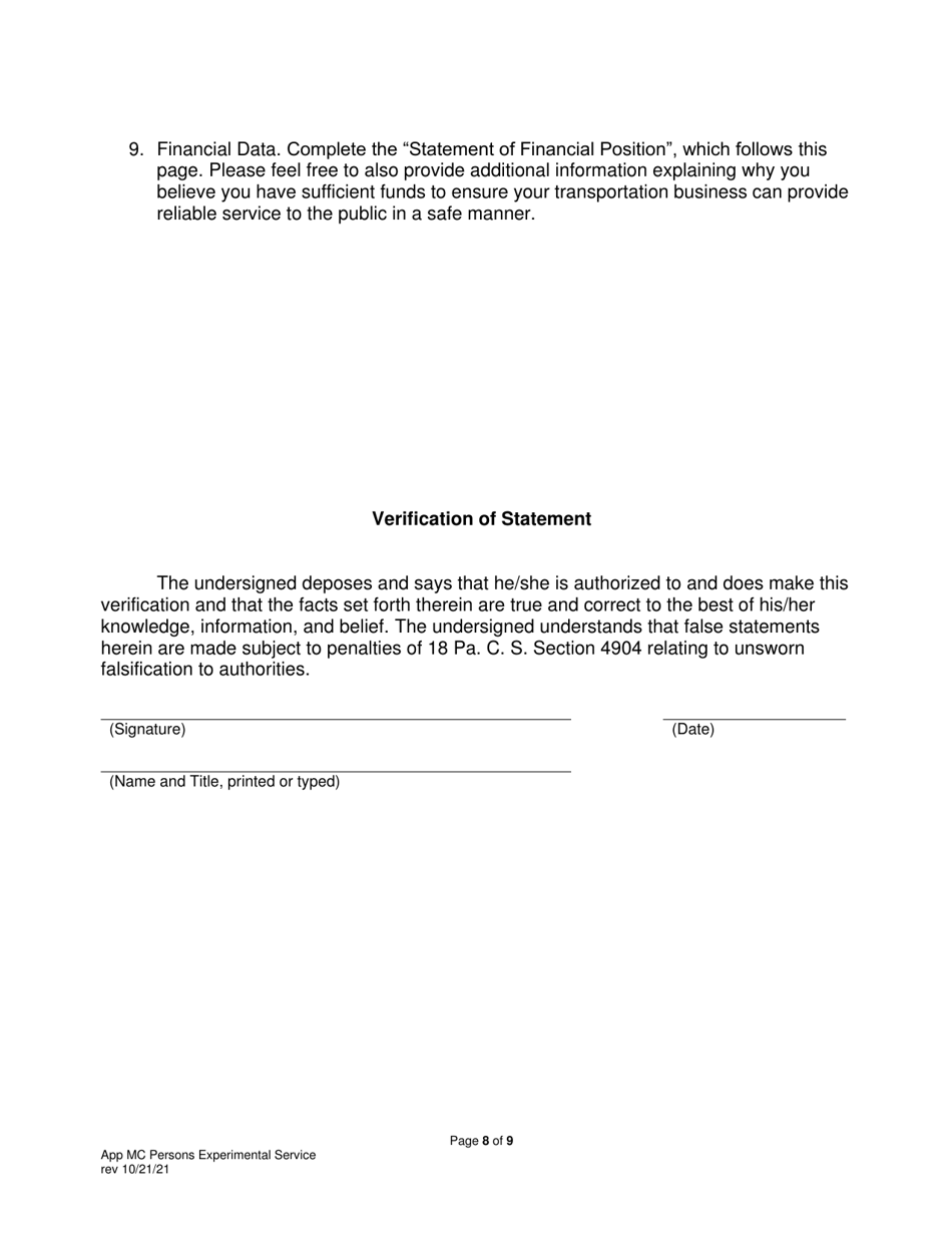 Application for Motor Common Carrier of Persons in Experimental Service - Pennsylvania, Page 10