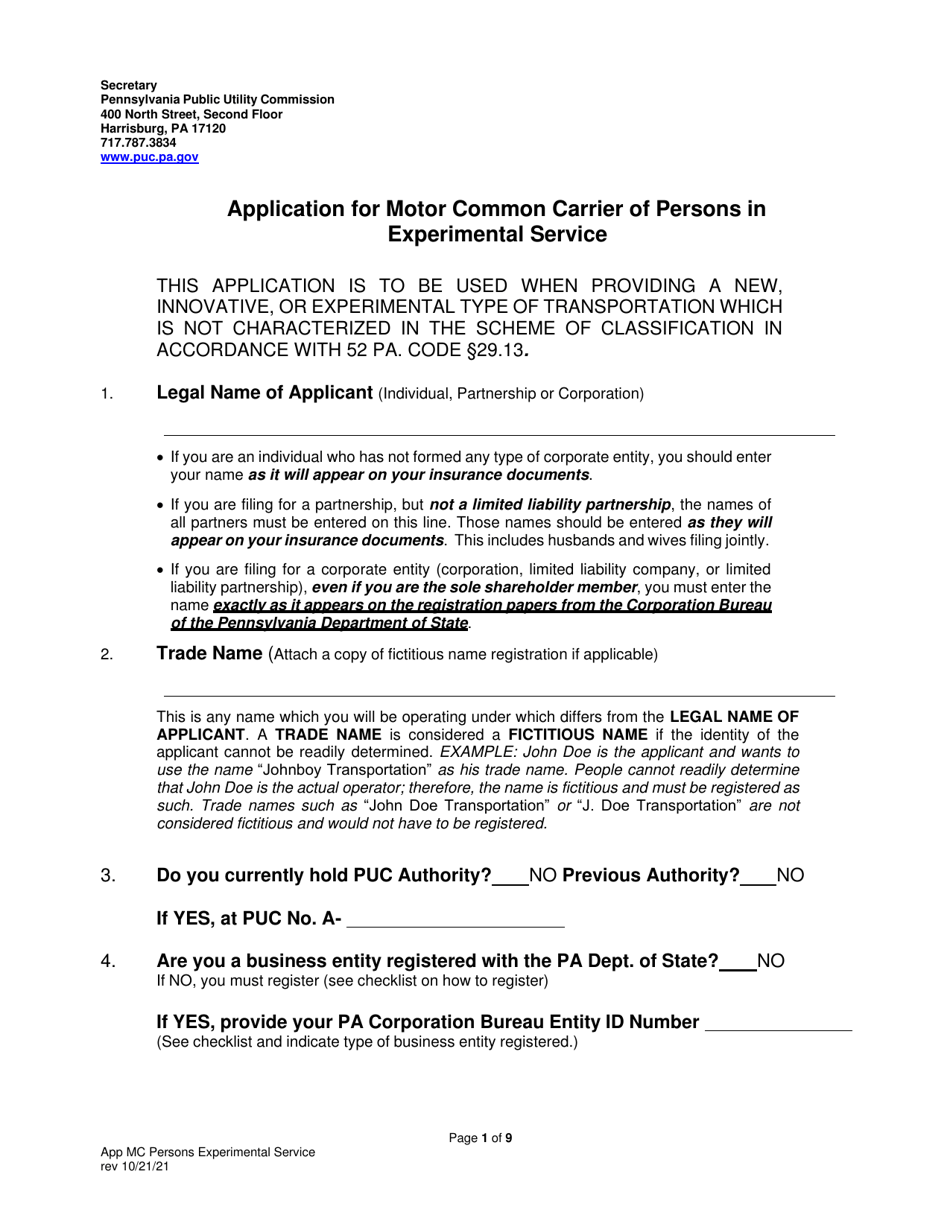 Application for Motor Common Carrier of Persons in Experimental Service - Pennsylvania, Page 3