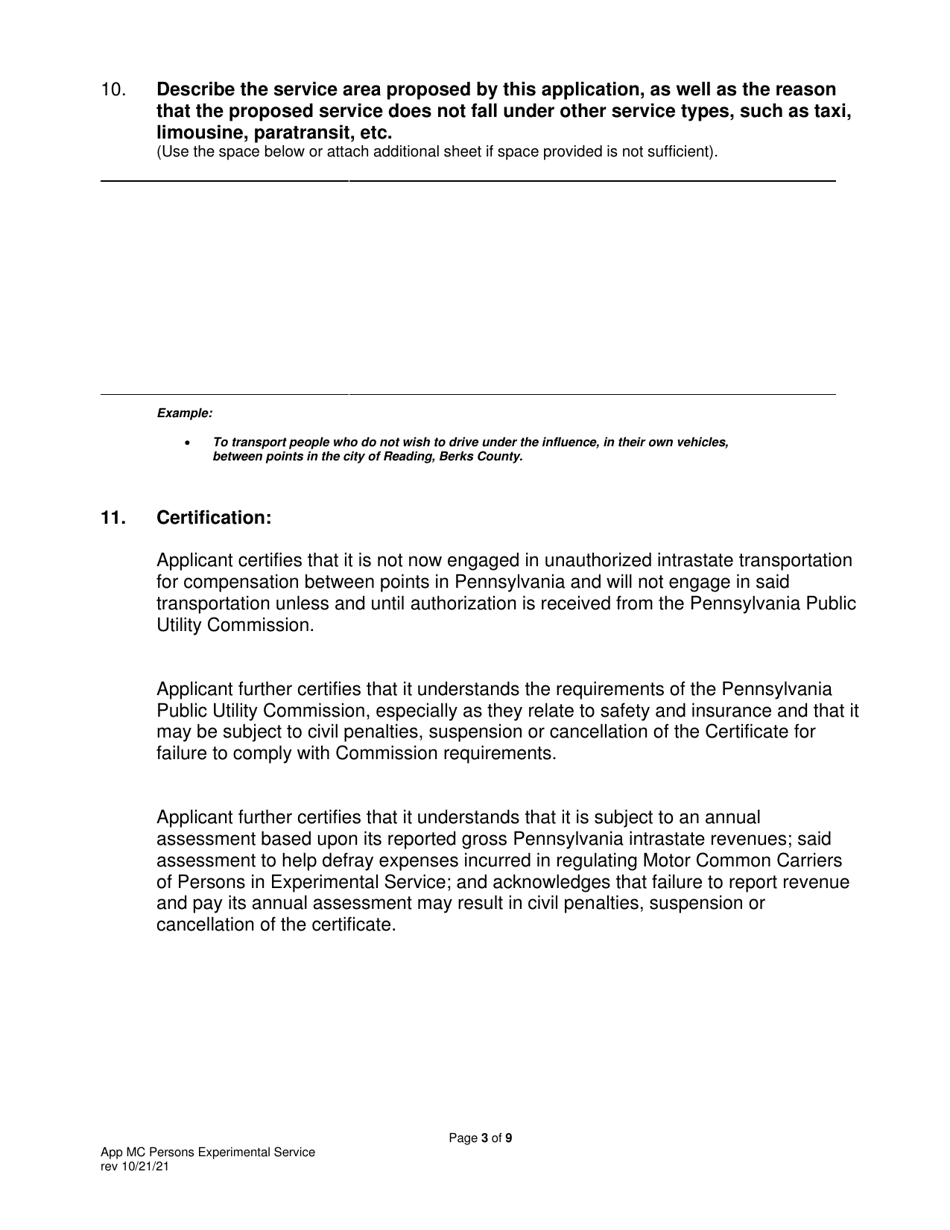 Application for Motor Common Carrier of Persons in Experimental Service - Pennsylvania, Page 5