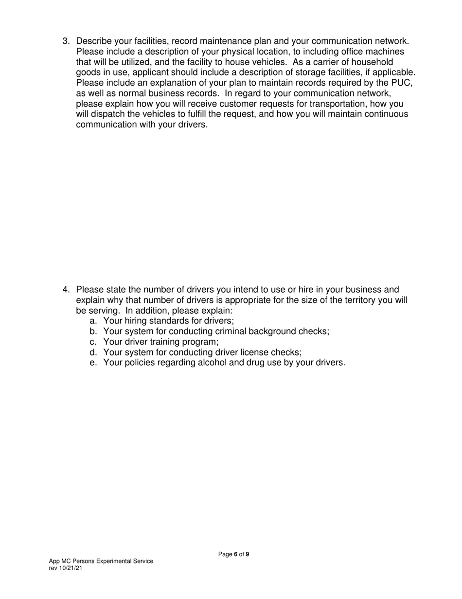 Application for Motor Common Carrier of Persons in Experimental Service - Pennsylvania, Page 8