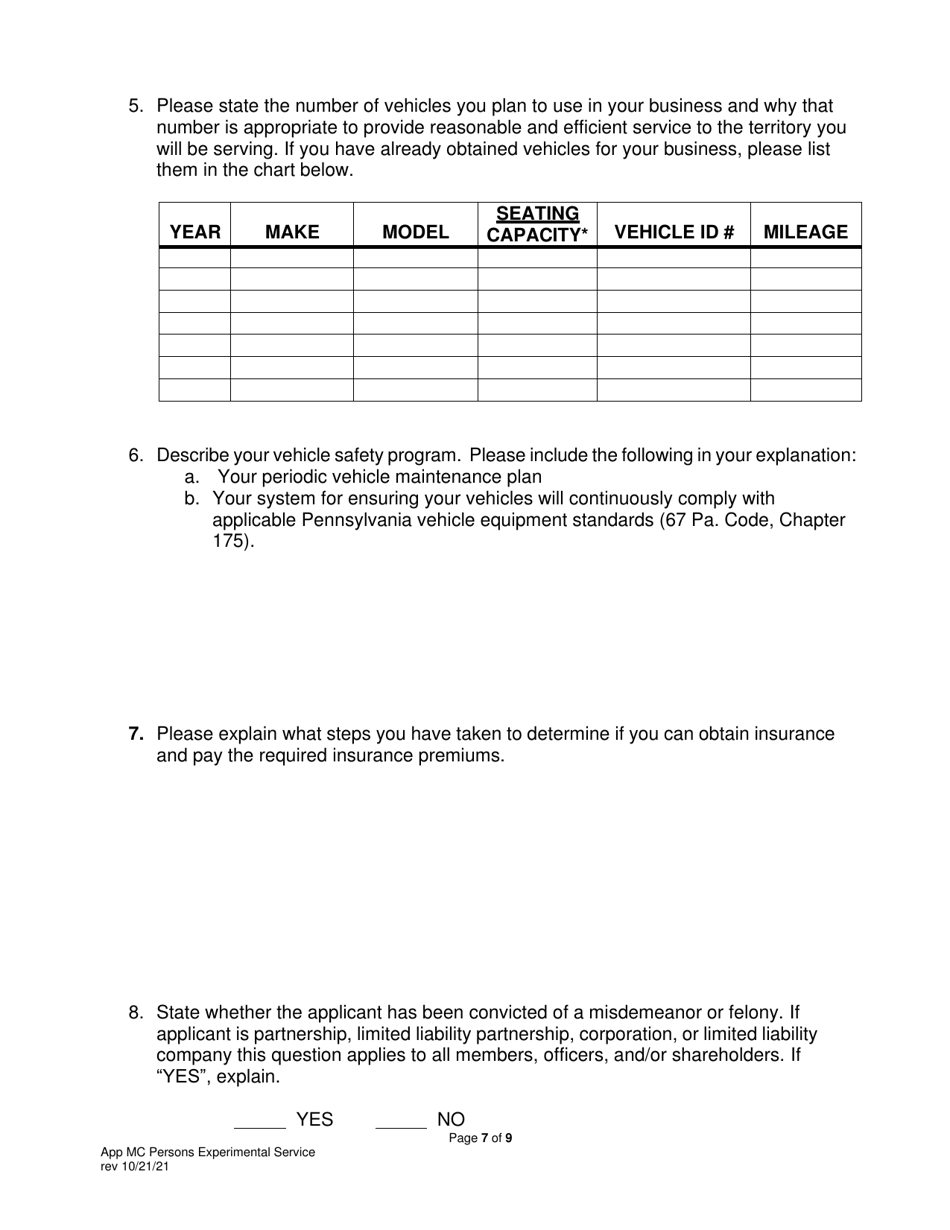 Application for Motor Common Carrier of Persons in Experimental Service - Pennsylvania, Page 9