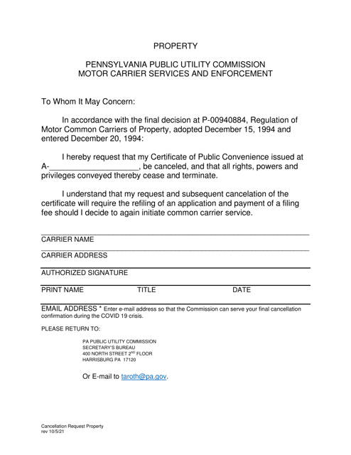 Cancellation Request Form for Property Carriers - Pennsylvania Download Pdf