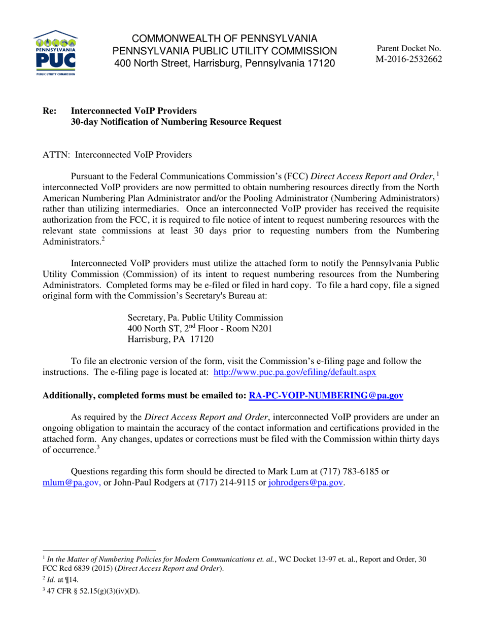 Interconnected Voip Provider 30-day Notification of Numbering Resource Request - Pennsylvania, Page 1