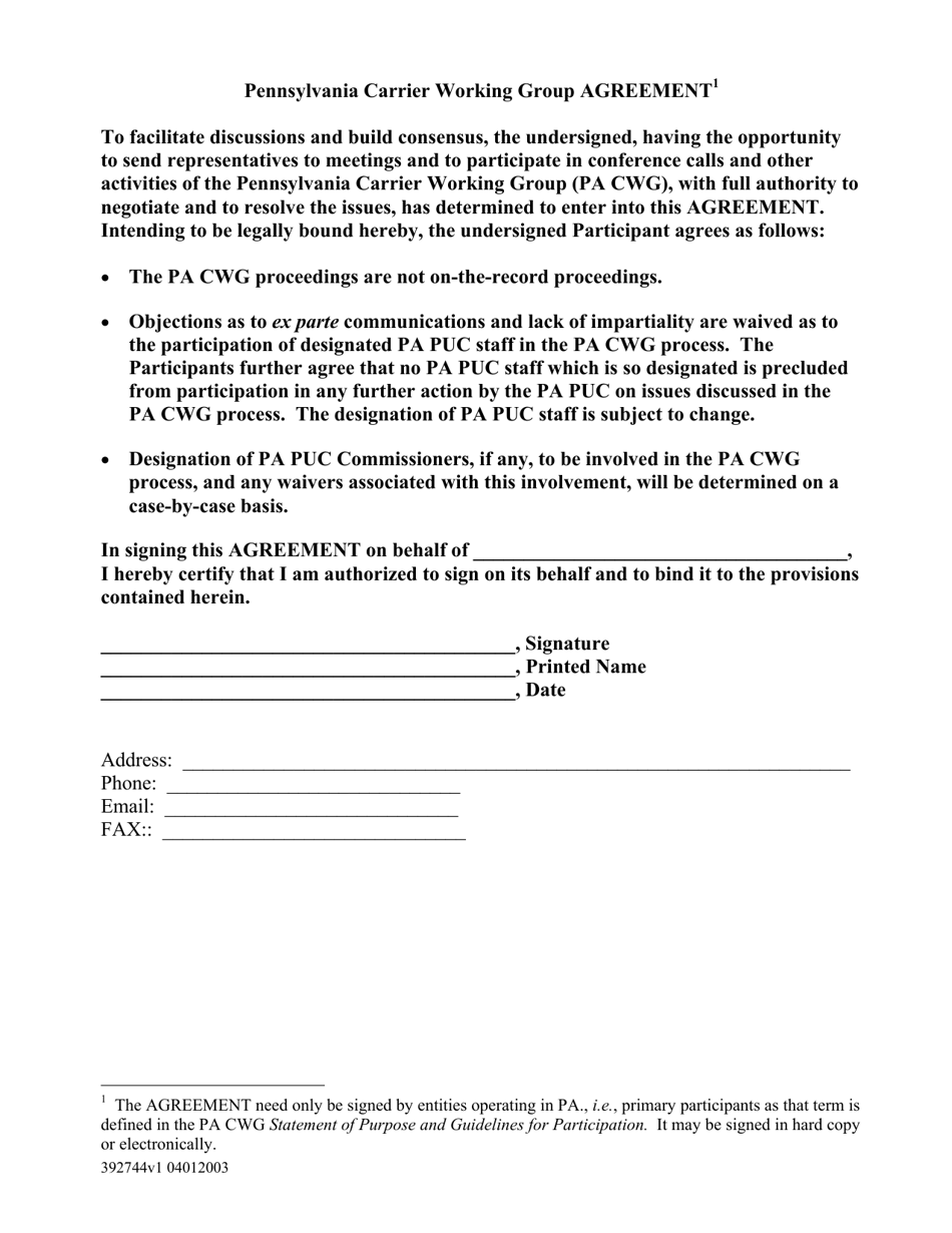 Pennsylvania Carrier Working Group Agreement - Pennsylvania, Page 1