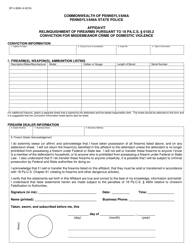 Form SP4-383A Affidavit Relinquishment of Firearms Pursuant to 18 Pa.c.s. 6105.2 Conviction for Misdemeanor Crime of Domestic Violence - Pennsylvania