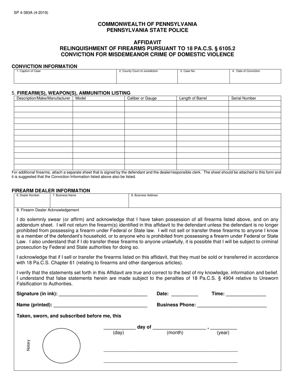 Form SP4-383A Affidavit Relinquishment of Firearms Pursuant to 18 Pa.c.s. 6105.2 Conviction for Misdemeanor Crime of Domestic Violence - Pennsylvania, Page 1