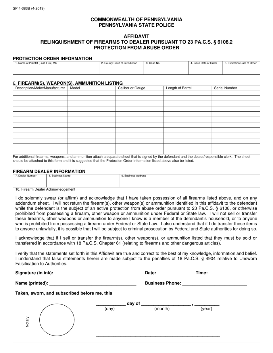 Form SP4-383B Affidavit Relinquishment of Firearms to Dealer Pursuant to 23 Pa.c.s. 6108.2 Protection From Abuse Order - Pennsylvania, Page 1