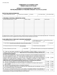 Form SP4-382 Affidavit of Safekeeping by Third Party for Relinquishment of Firearms Pursuant to 23 Pa.c.s. 6108.3 - Pennsylvania