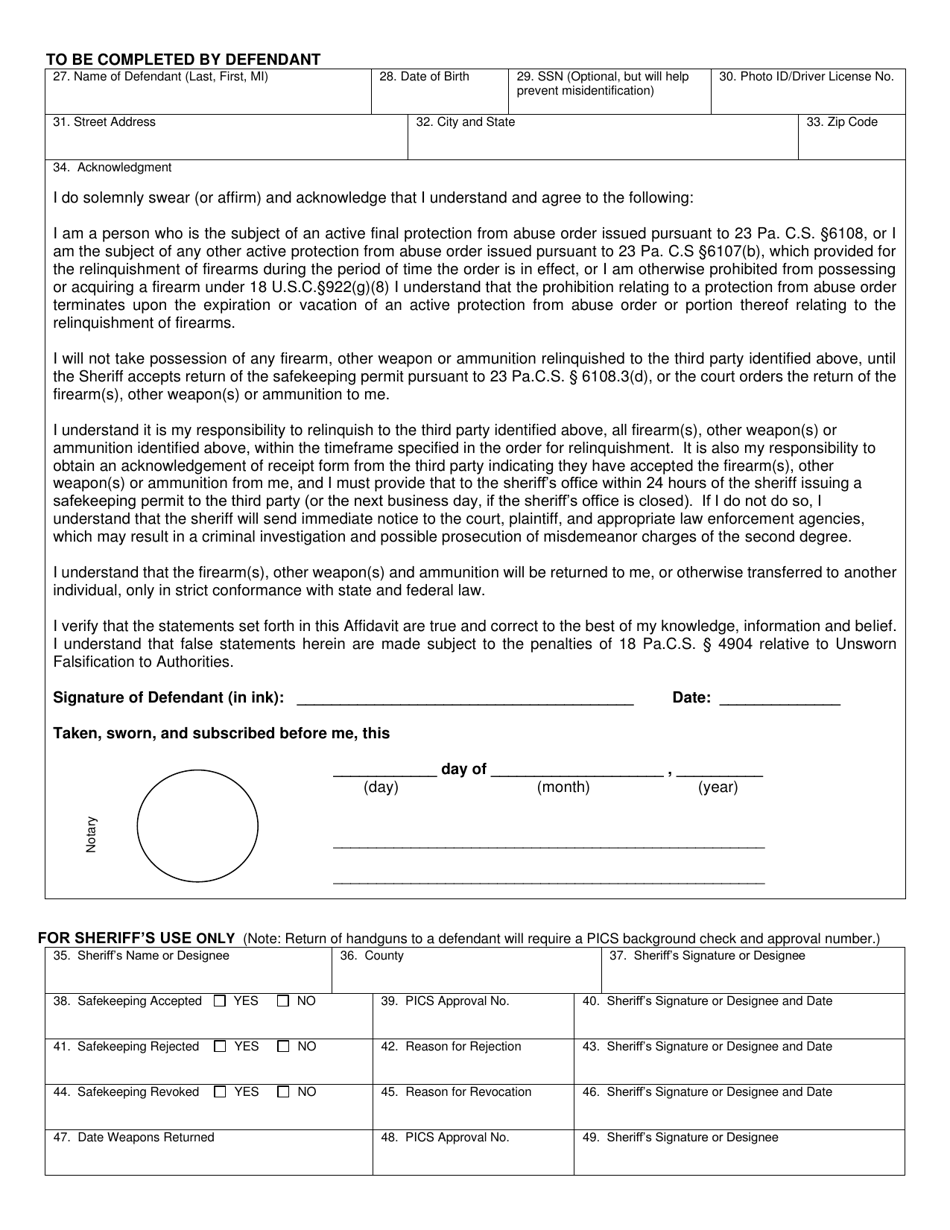 Form SP4-382 Affidavit of Safekeeping by Third Party for Relinquishment of Firearms Pursuant to 23 Pa.c.s. 6108.3 - Pennsylvania, Page 3
