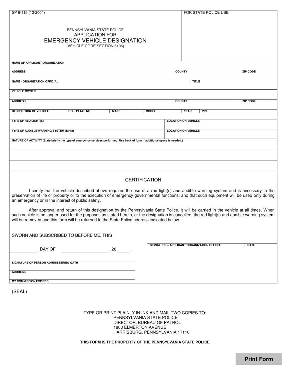 Form SP6-115 Application for Emergency Vehicle Designation - Pennsylvania, Page 1