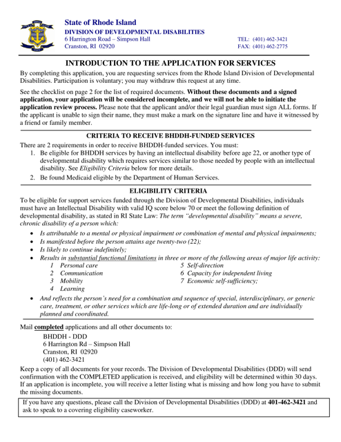 Application for Services - Rhode Island Download Pdf