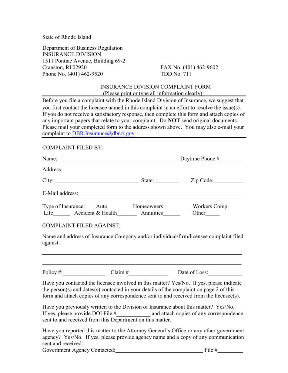 Insurance Division Complaint Form - Rhode Island, Page 2