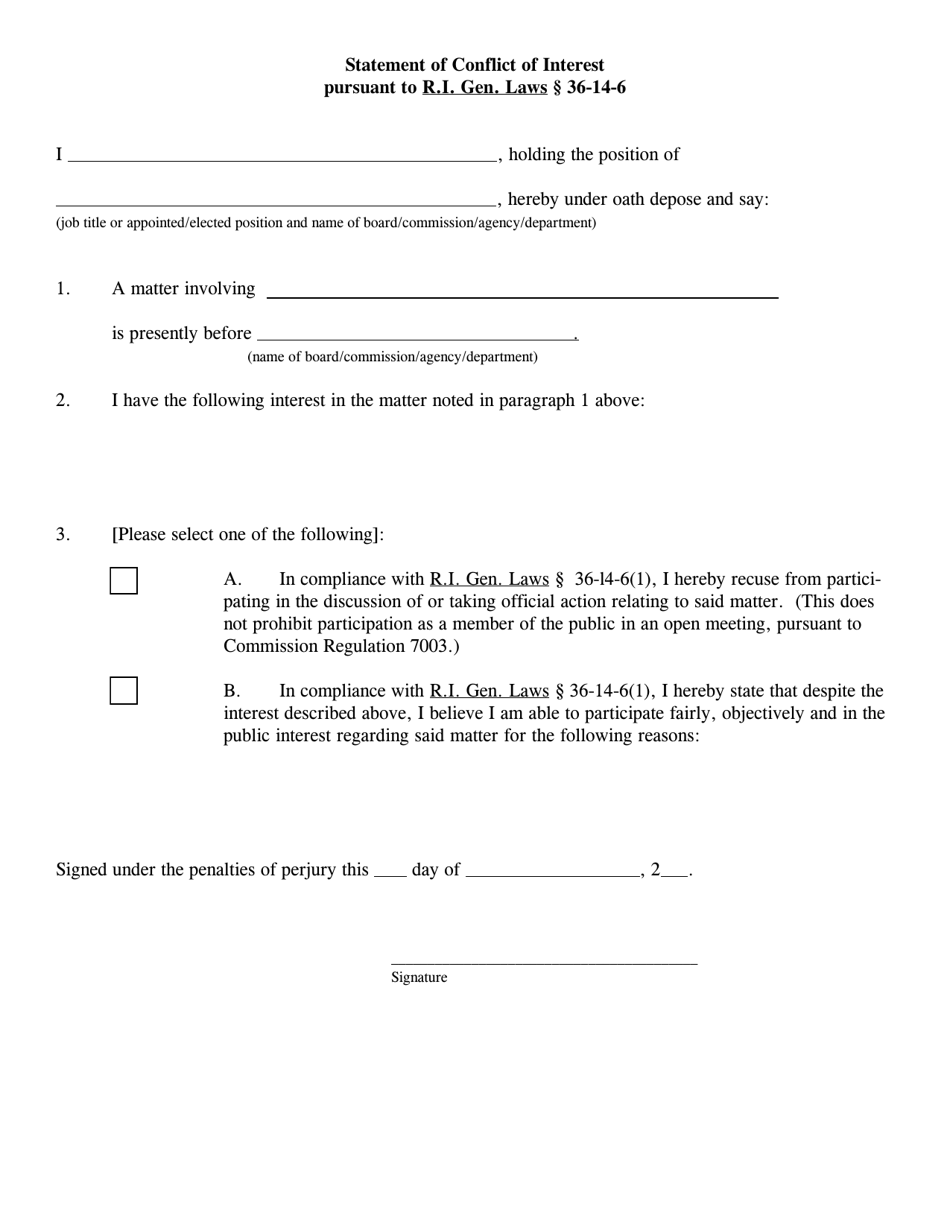 Statement of Conflict of Interest Pursuant to R.i. Gen. Laws 36-14-6 - Rhode Island, Page 1