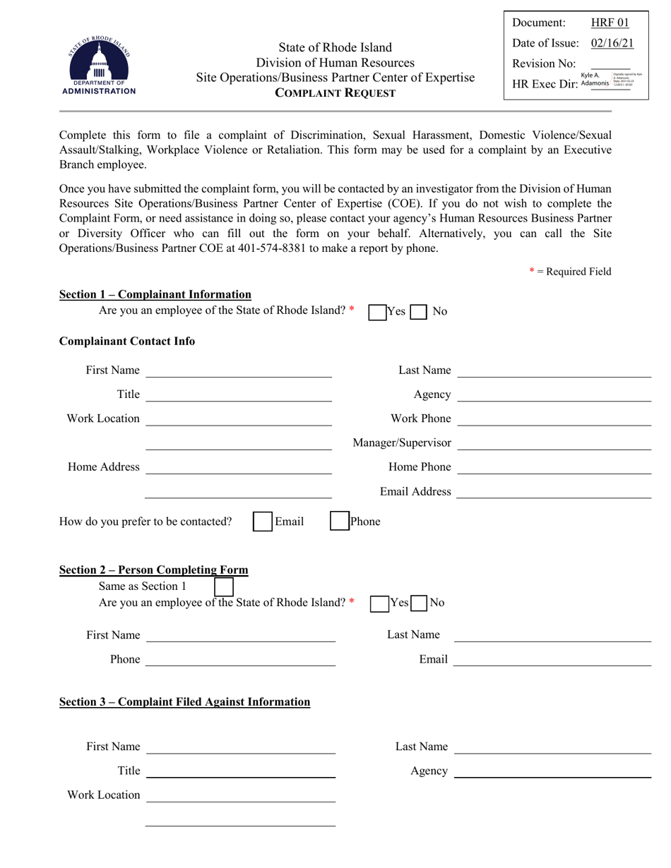 Form HRF01 Complaint Request - Rhode Island, Page 1