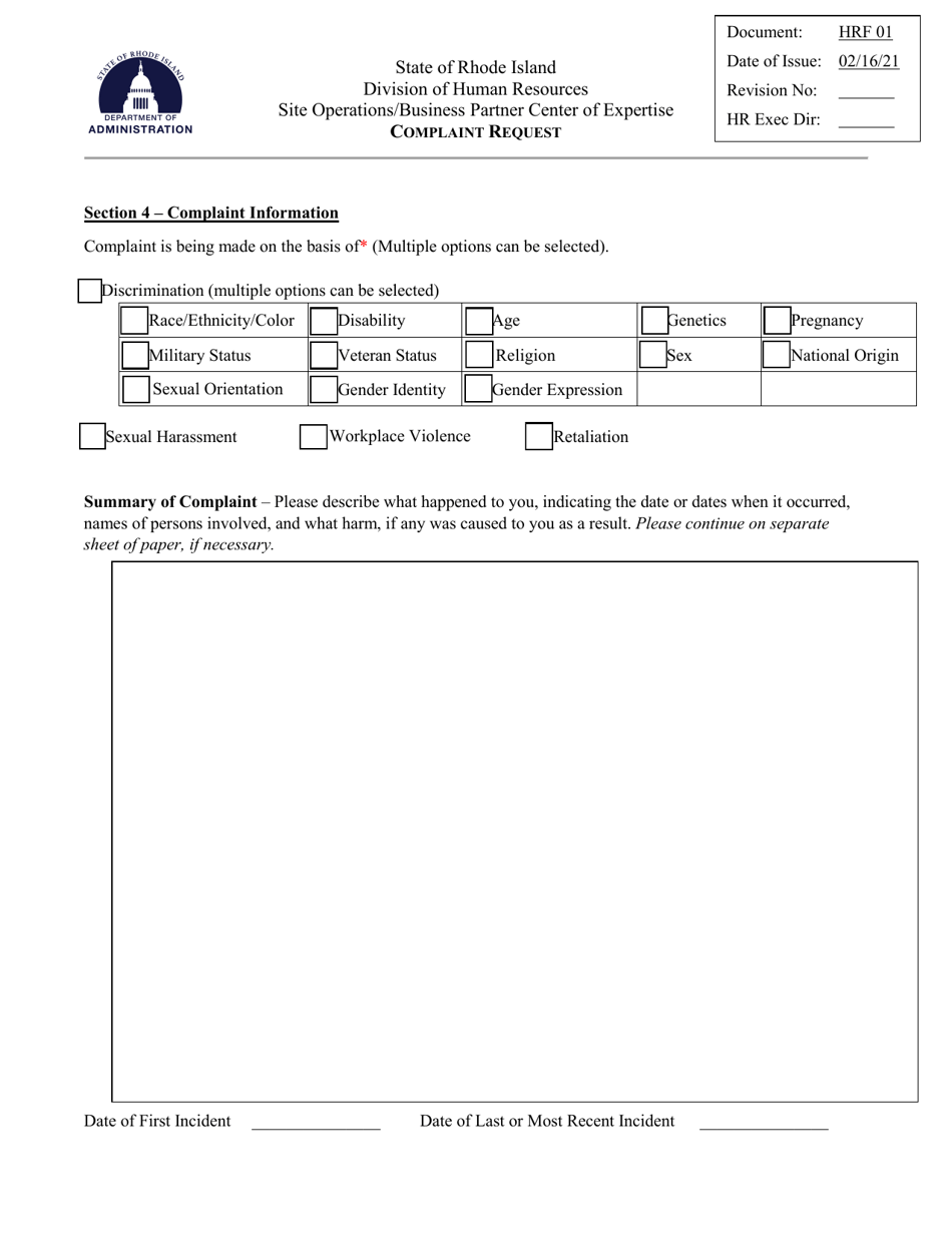 Form HRF01 Complaint Request - Rhode Island, Page 2