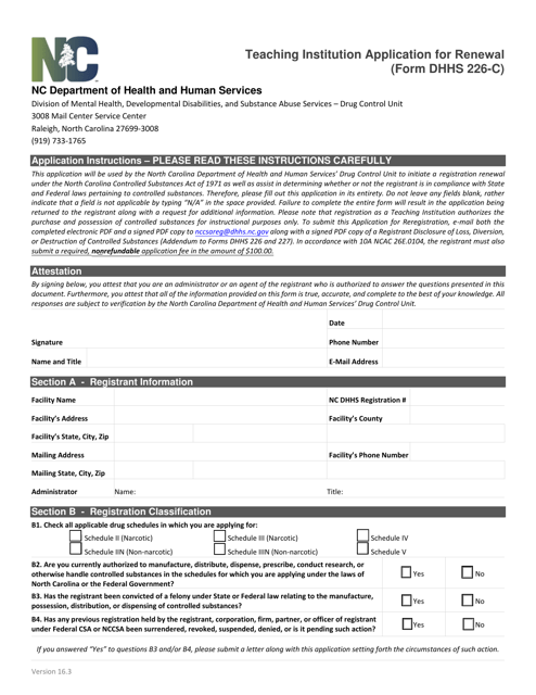Form DHHS226-C Teaching Institution Application for Renewal - North Carolina