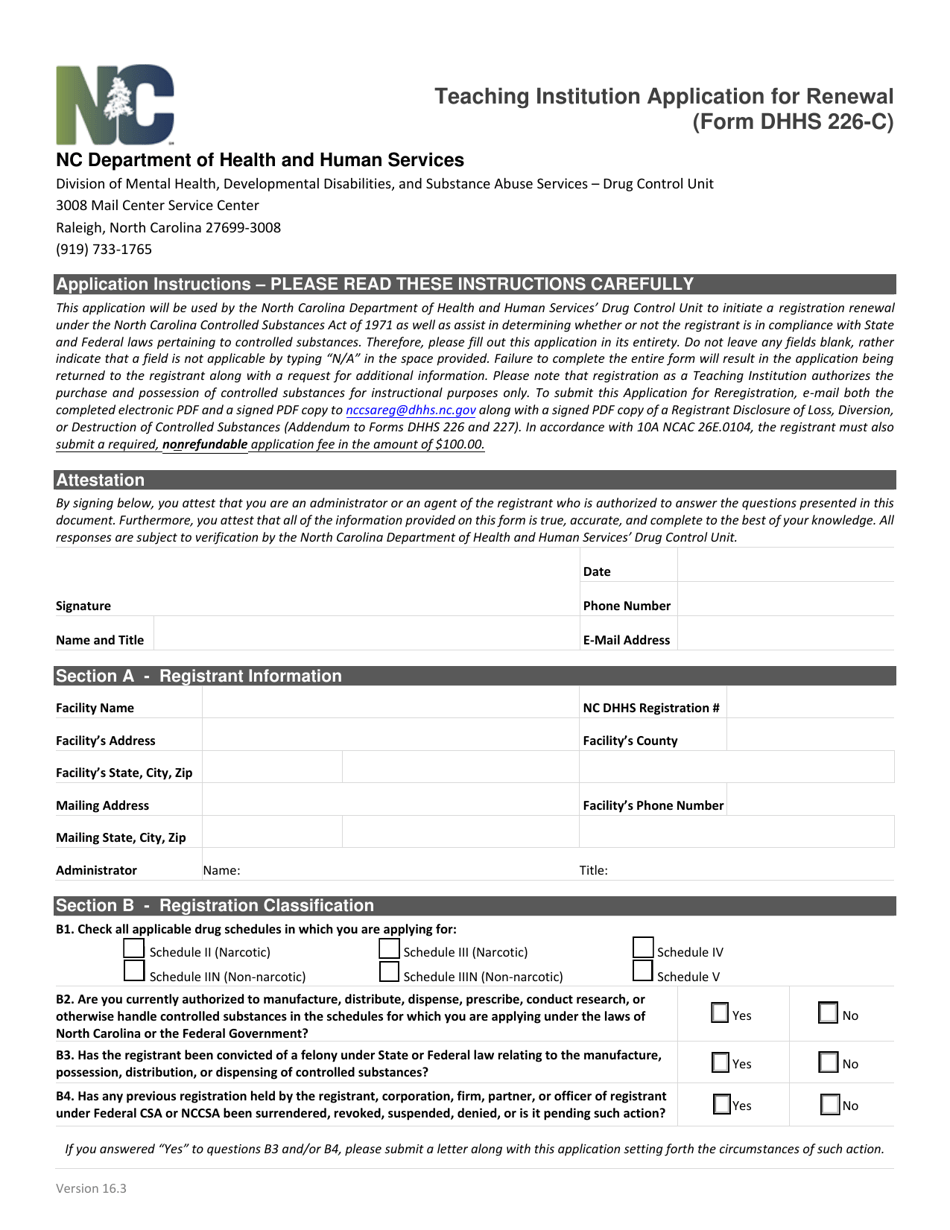 Form DHHS226-C Teaching Institution Application for Renewal - North Carolina, Page 1