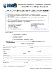 Document preview: Application for Scientific Collector's Permit - Rhode Island