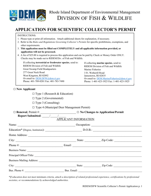 Application for Scientific Collector's Permit - Rhode Island Download Pdf