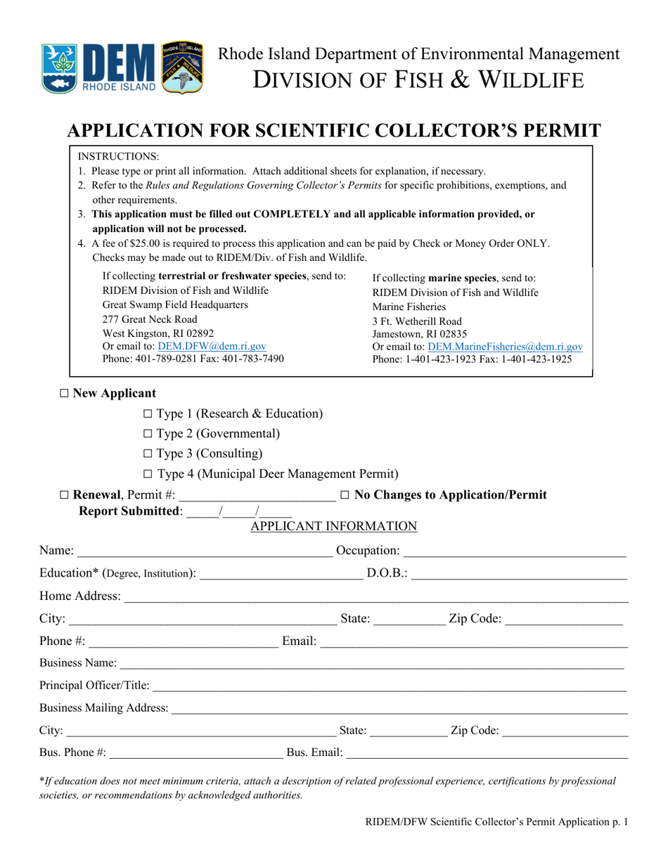 Application for Scientific Collectors Permit - Rhode Island, Page 1