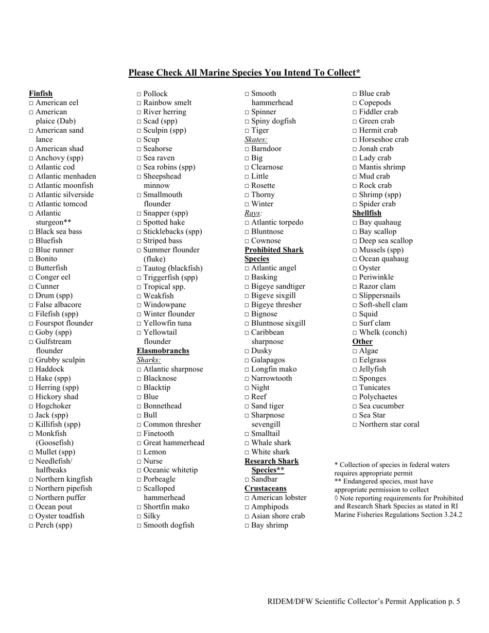Application for Scientific Collectors Permit - Rhode Island, Page 5