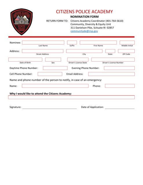 Citizens Police Academy Nomination Form - Rhode Island