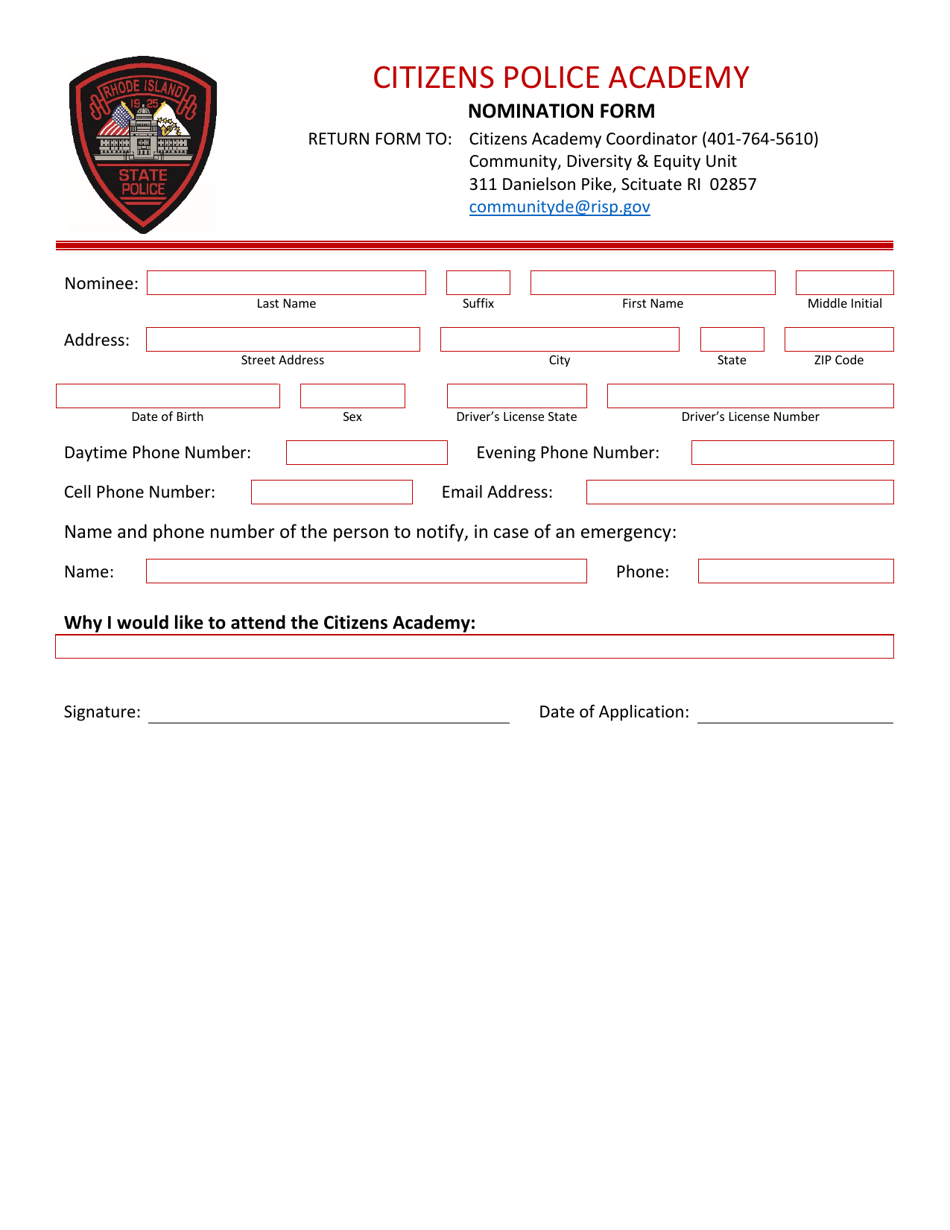 Citizens Police Academy Nomination Form - Rhode Island, Page 1