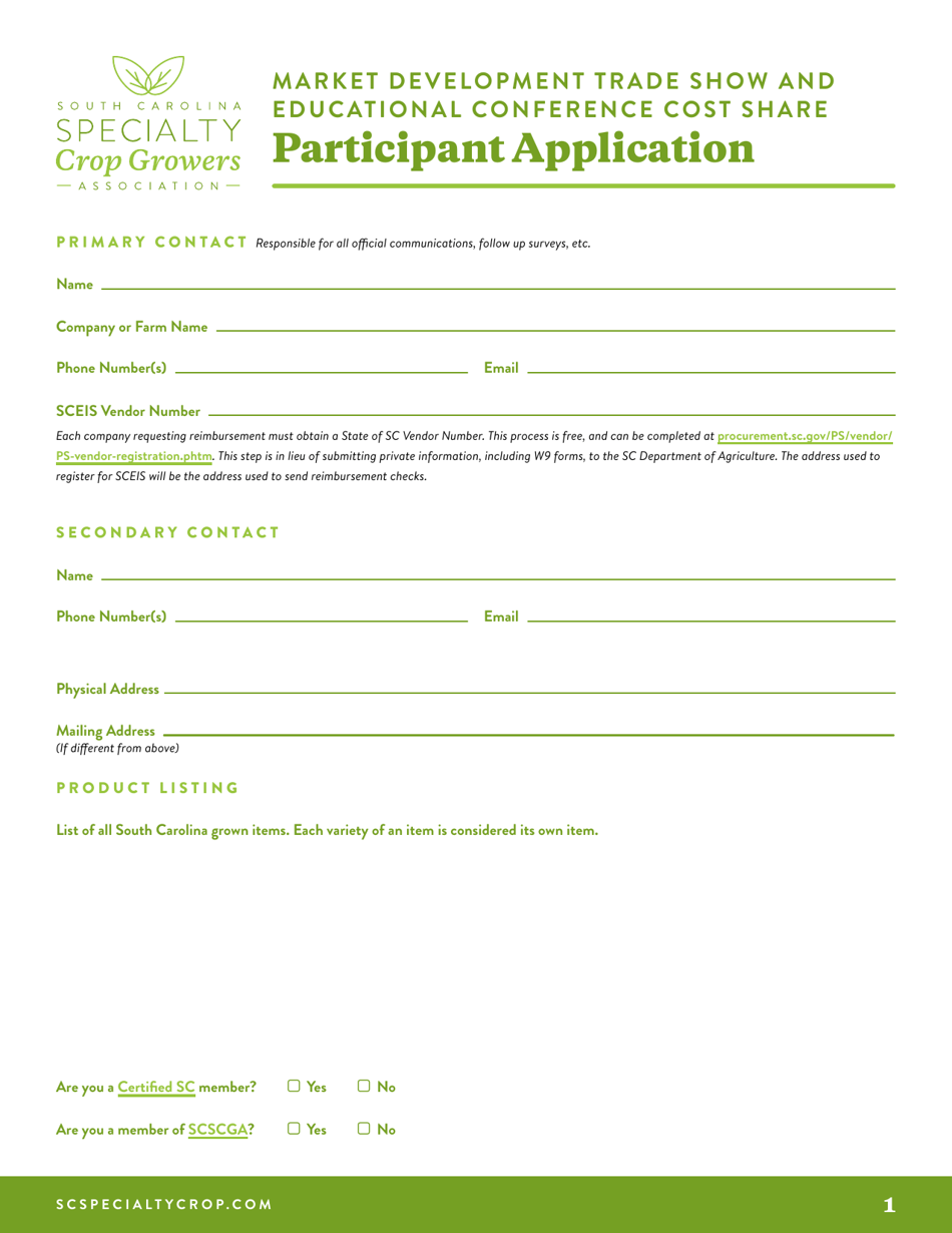 Participant Application - Market Development Trade Show and Educational Conference Cost Share - South Carolina, Page 1