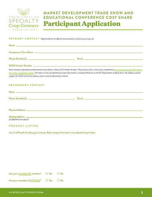 Participant Application - Market Development Trade Show and Educational Conference Cost Share - South Carolina Download Pdf