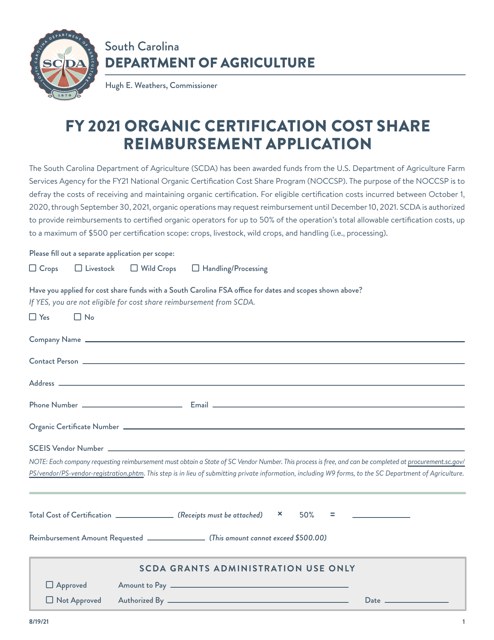 Organic Certification Cost Share Reimbursement Application - South Carolina Download Pdf