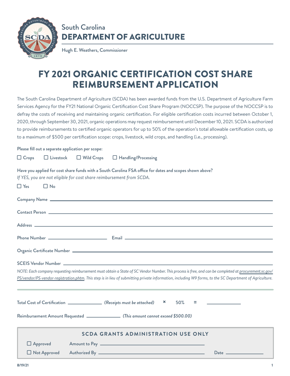 Organic Certification Cost Share Reimbursement Application - South Carolina, Page 1