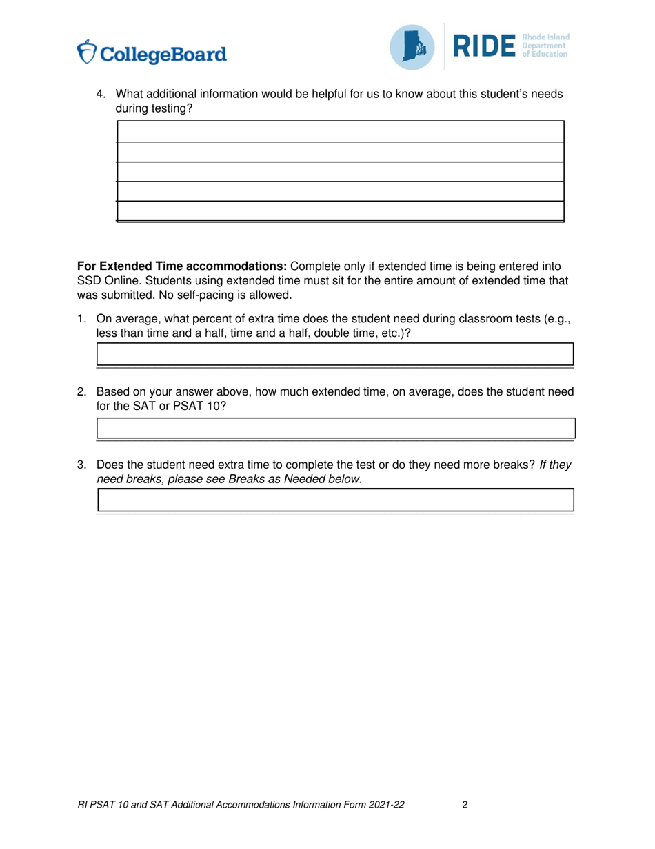 Ri Sat School Day and Psat 10 Accommodations Questionnaire - Rhode Island, Page 2