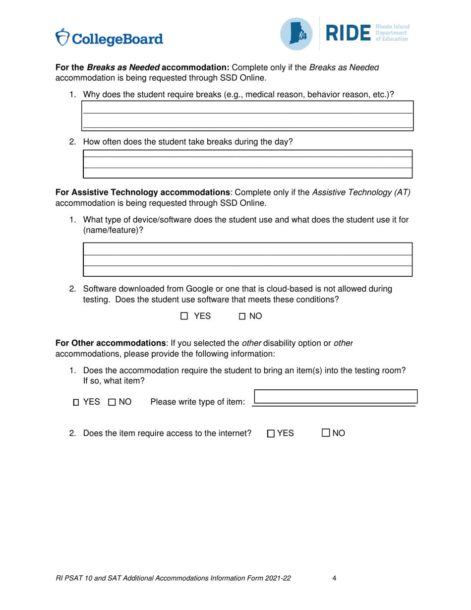 Ri Sat School Day and Psat 10 Accommodations Questionnaire - Rhode Island, Page 4