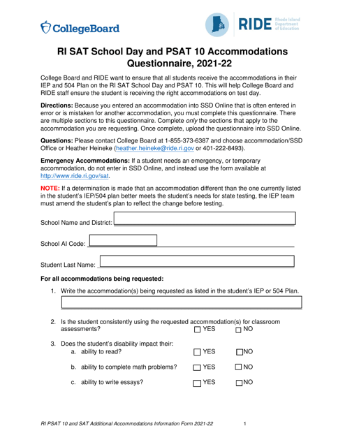 Ri Sat School Day and Psat 10 Accommodations Questionnaire - Rhode Island Download Pdf