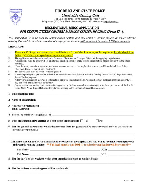 Form SP-4 Recreational Bingo Application for Senior Citizen Centers & Senior Citizen Housing - Rhode Island