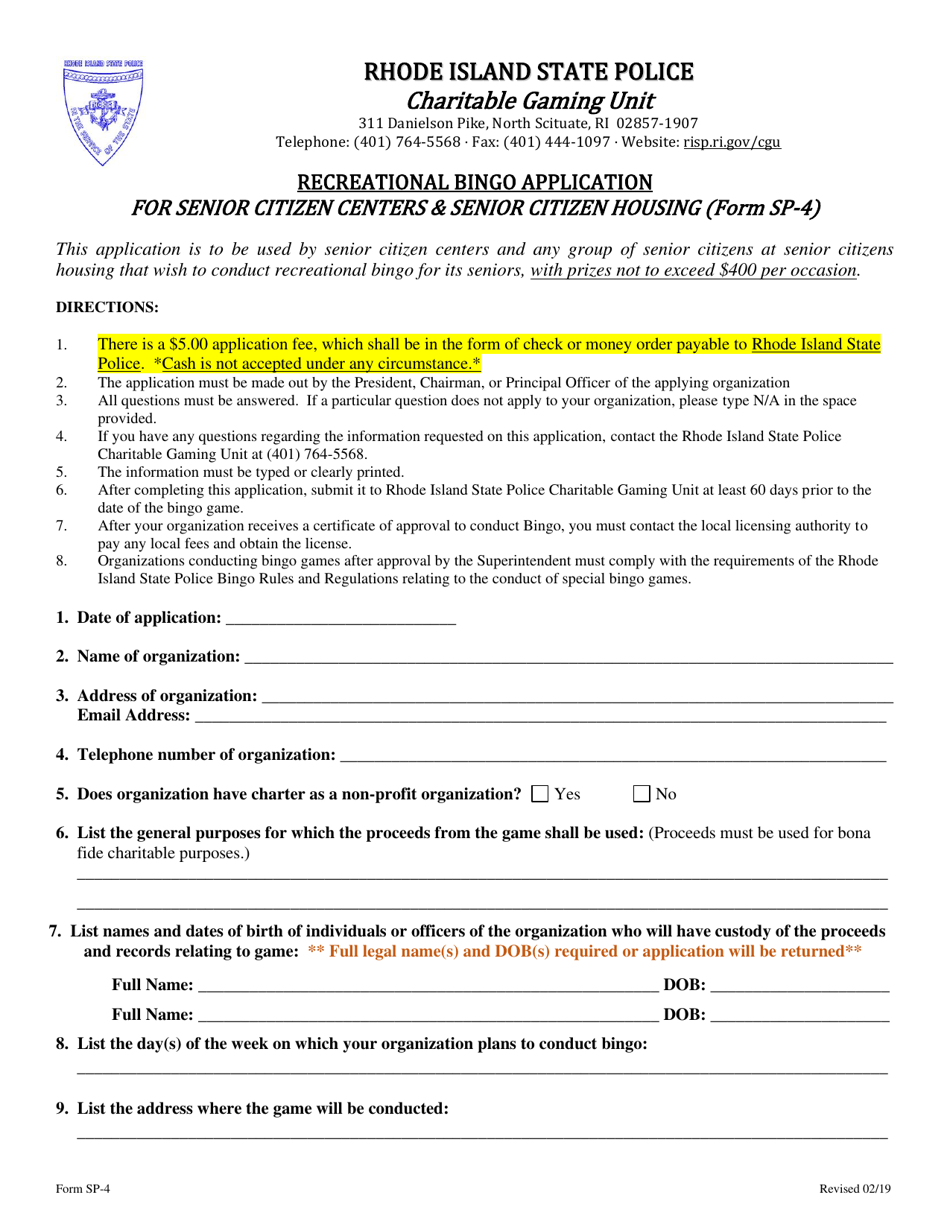 Form SP-4 Recreational Bingo Application for Senior Citizen Centers  Senior Citizen Housing - Rhode Island, Page 1