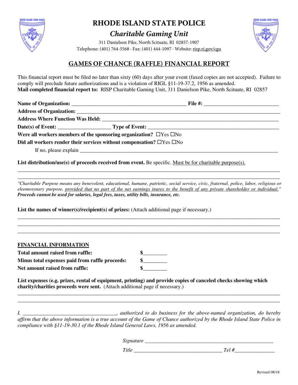 Games of Chance (Raffle) Financial Report - Rhode Island, Page 1