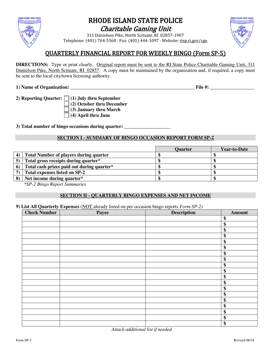 Form SP-5 Quarterly Financial Report for Weekly Bingo - Rhode Island, Page 1