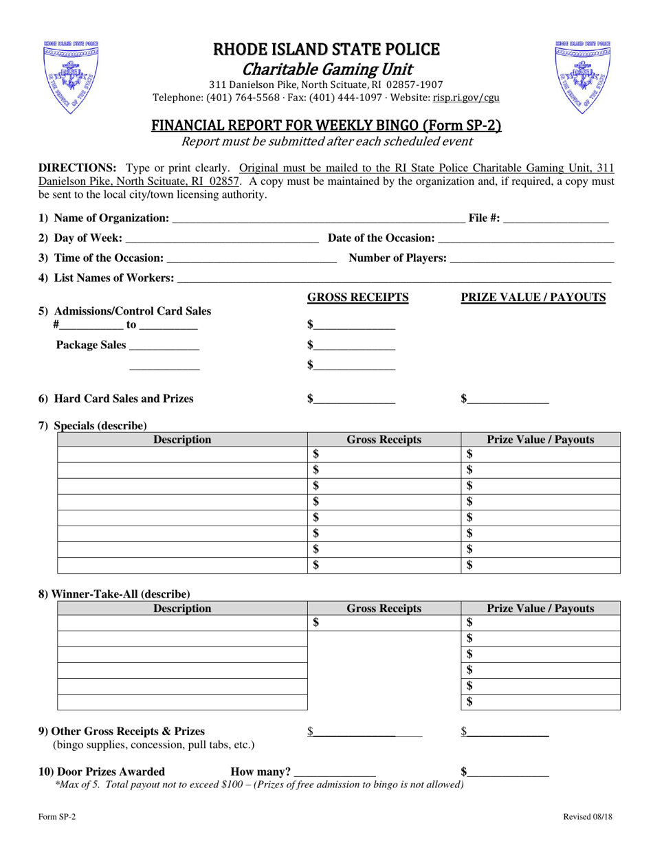 Form SP-2 Financial Report for Weekly Bingo - Rhode Island, Page 1