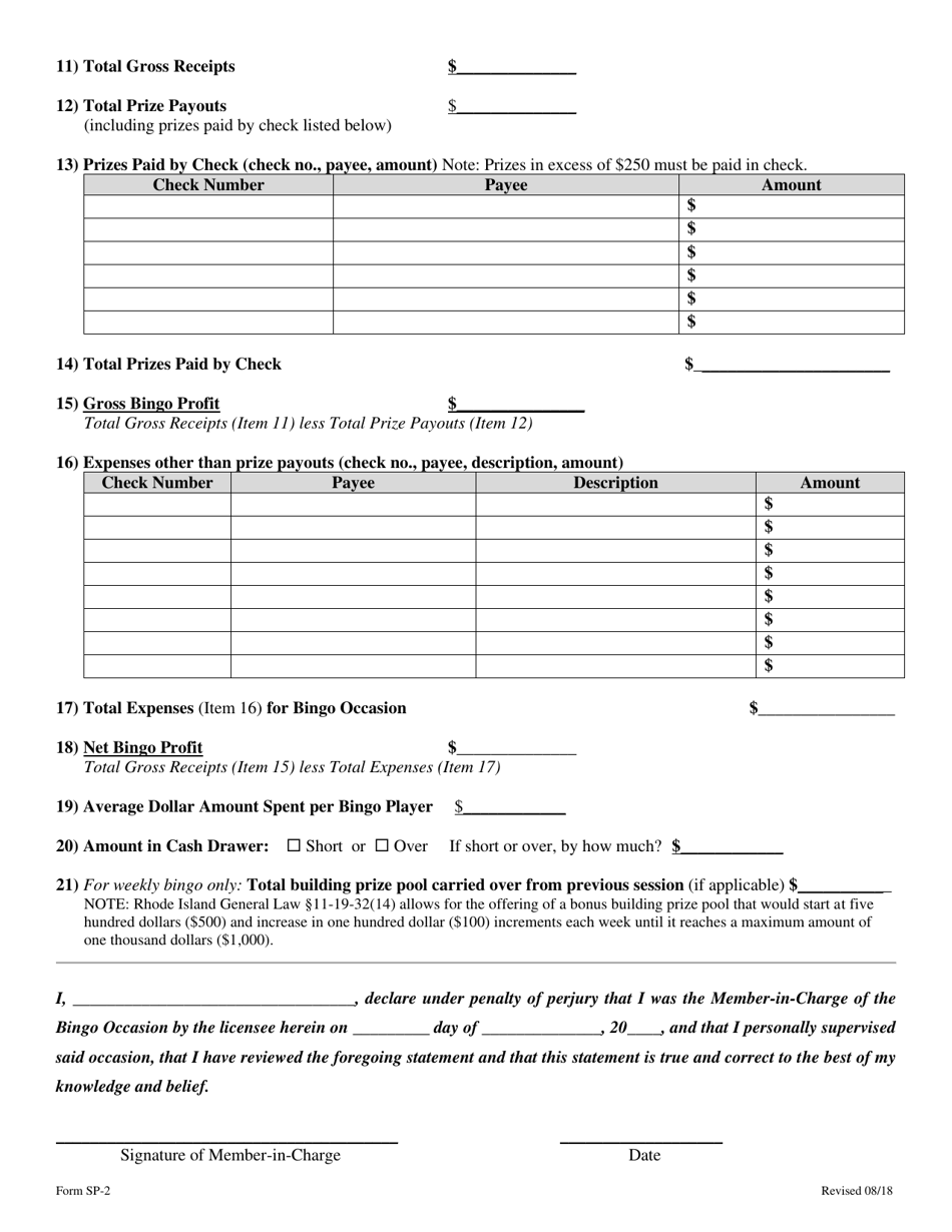 Form SP-2 Financial Report for Weekly Bingo - Rhode Island, Page 2