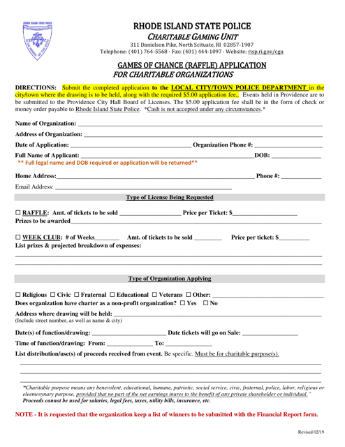 Games of Chance (Raffle) Application for Charitable Organizations - Rhode Island Download Pdf